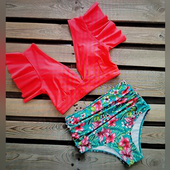 NWT WOMENS RUFFLE HIGH WAIST Swimsuit Two Piece Push Up Tropical Print Bikini - Picture 2 of 10